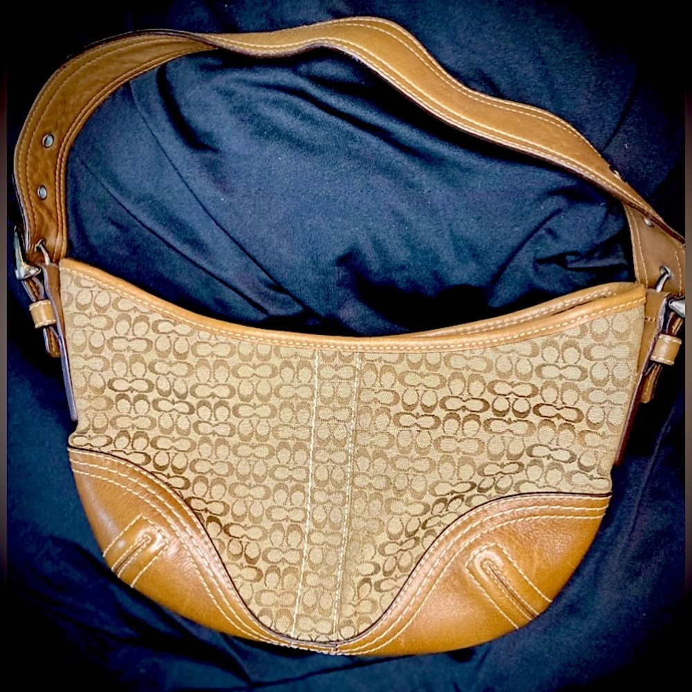 Vintage COACH SIGNATURE Brown Leather & Jacquard Hobo Shoulder Bag Purse F02164